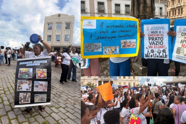 [Vídeo: Manifestação contra merenda escolar precária em escolas comunitárias vinculadas à Prefeitura reúne manifestantes no centro da cidade]