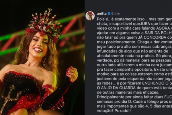 [Anitta se revolta após ser cobrada por posicionamento político: ‘vontade de jogar tudo para o alto’]