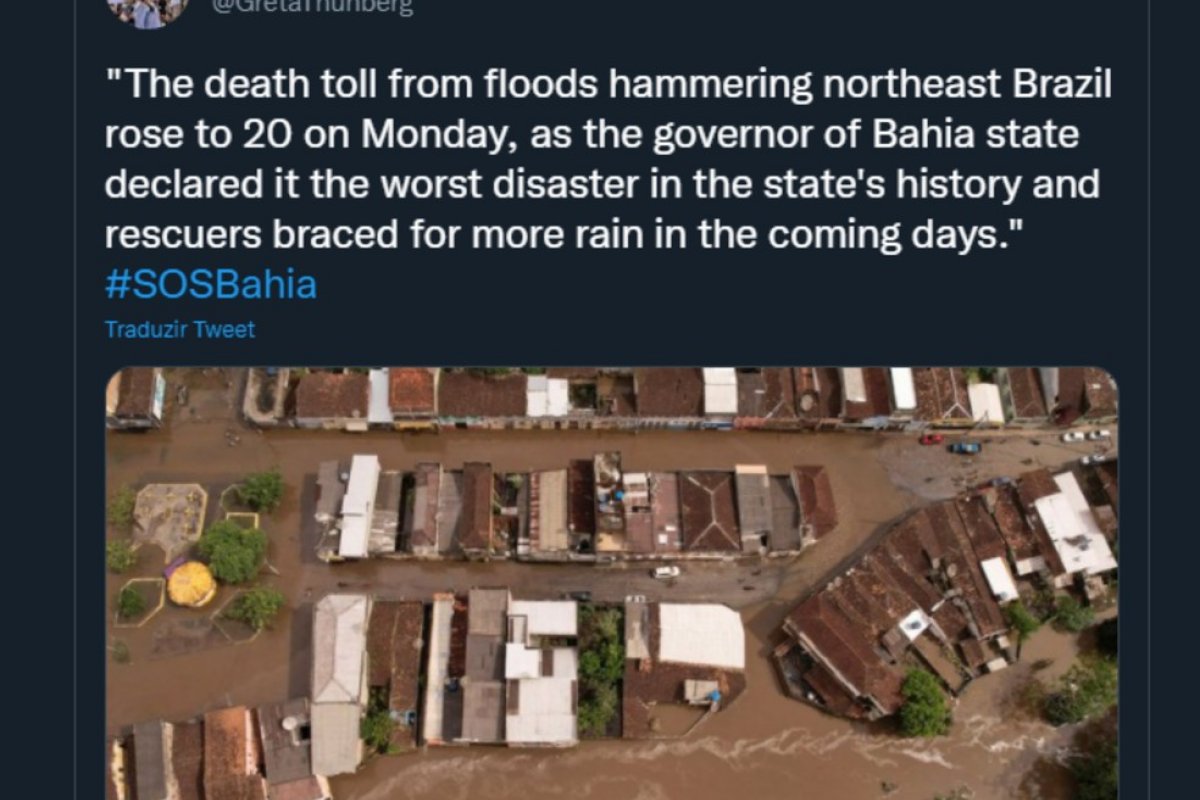Ativista Greta Thunberg posta sobre estragos causados pelas chuvas na Bahia