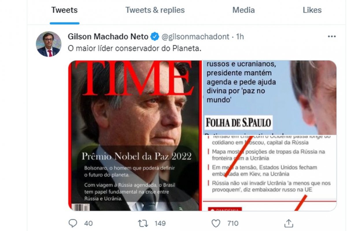 Ministro posta capa falsa da revista 'Time' e diz que Bolsonaro evitou guerra