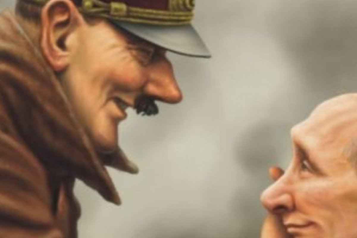 Conta oficial da Ucrânia publica charge de Hitler acariciando rosto de Putin