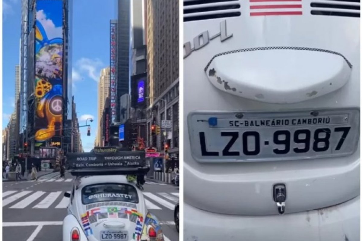 Jovem roda em fusca de Balneário Camboriú nas ruas da Times Square, em Nova York
