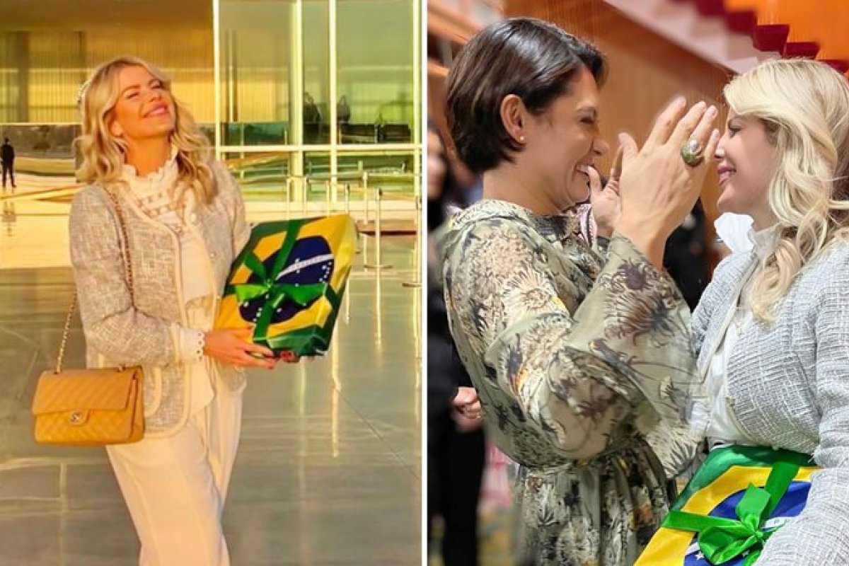 Karina Bacchi visita Michelle Bolsonaro e leva presente embrulhado na bandeira do Brasil!