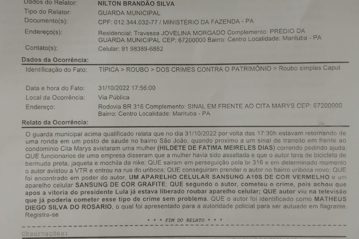 Ladrão afirma que Lula liberou roubo de celular e fica indignado porque foi preso