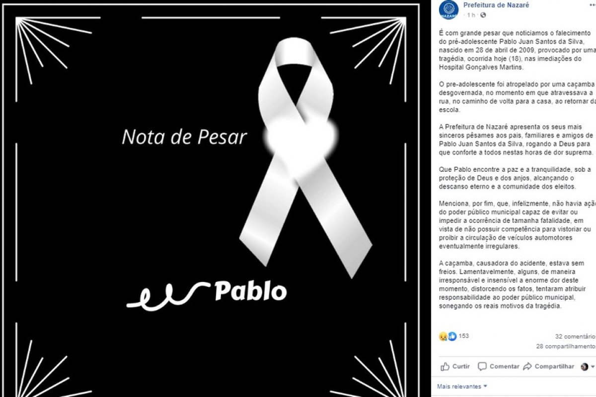 Criança morre atropelada por caçamba desgovernada