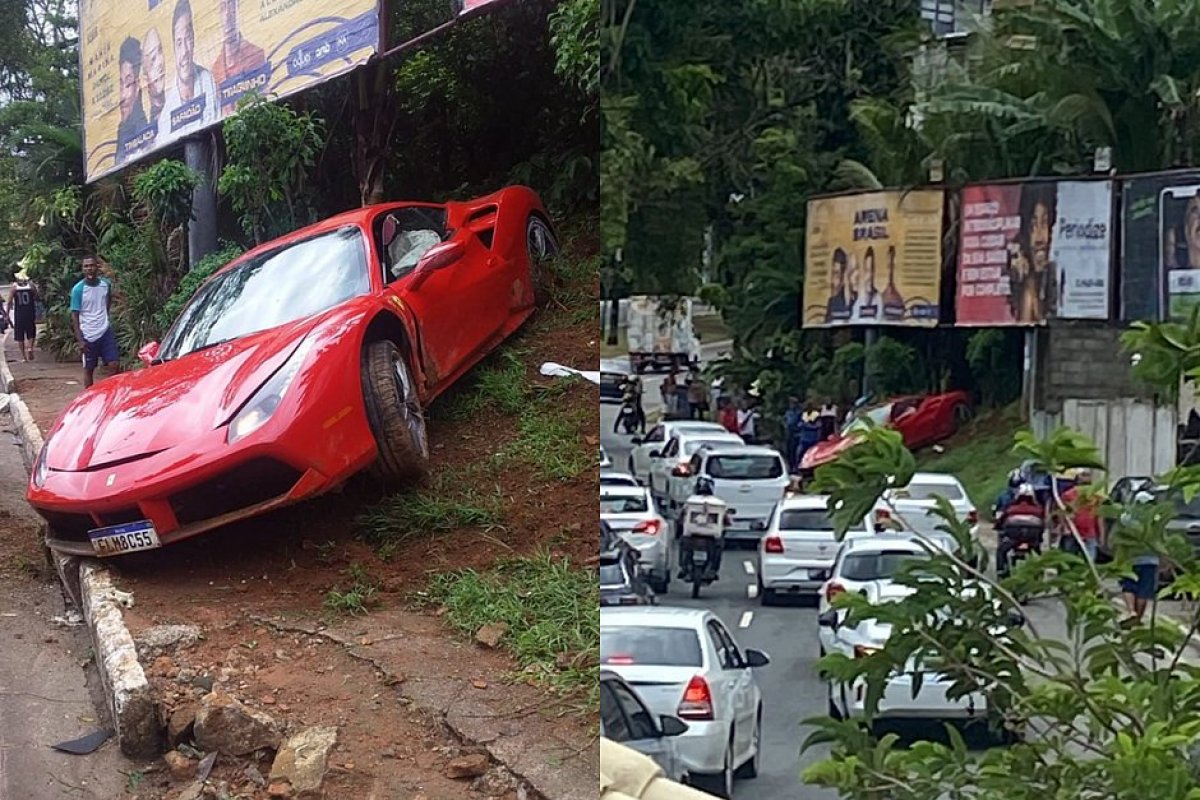 Vídeo: Ferrari invade calçada da Avenida Garibaldi em Salvador, após motorista perder o controle