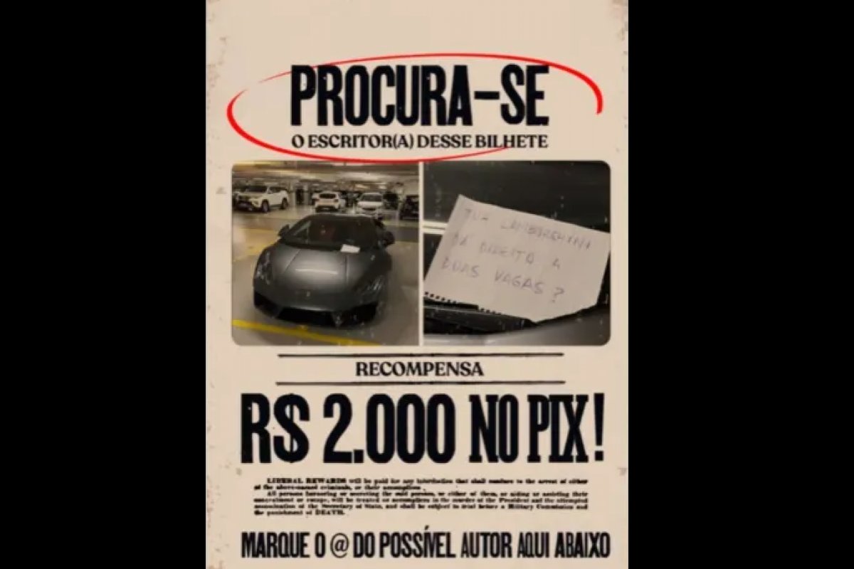 Dono de Lamborghini que ocupava duas vagas em estacionamento oferece recompensa para autor de bilhete