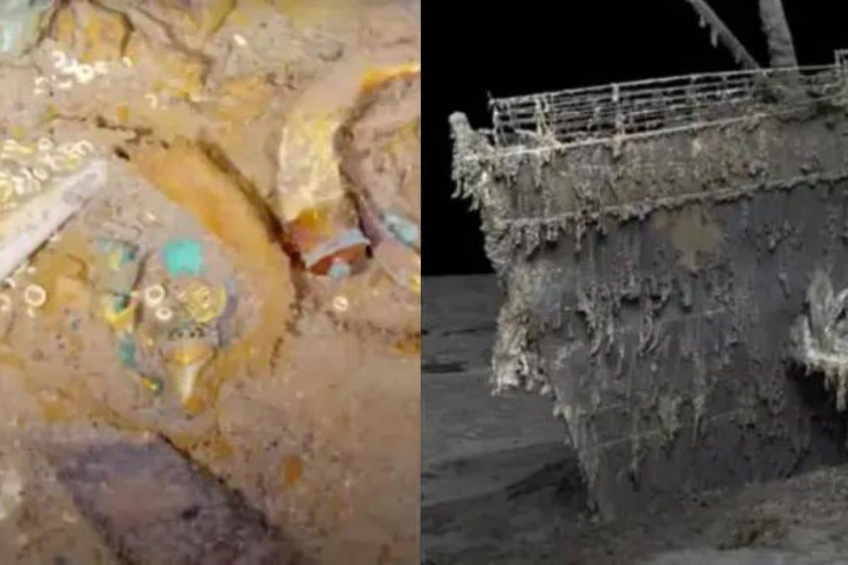 Colar misterioso feito de ouro e dentes de tubarão megalodonte é encontrado nos destroços do Titanic