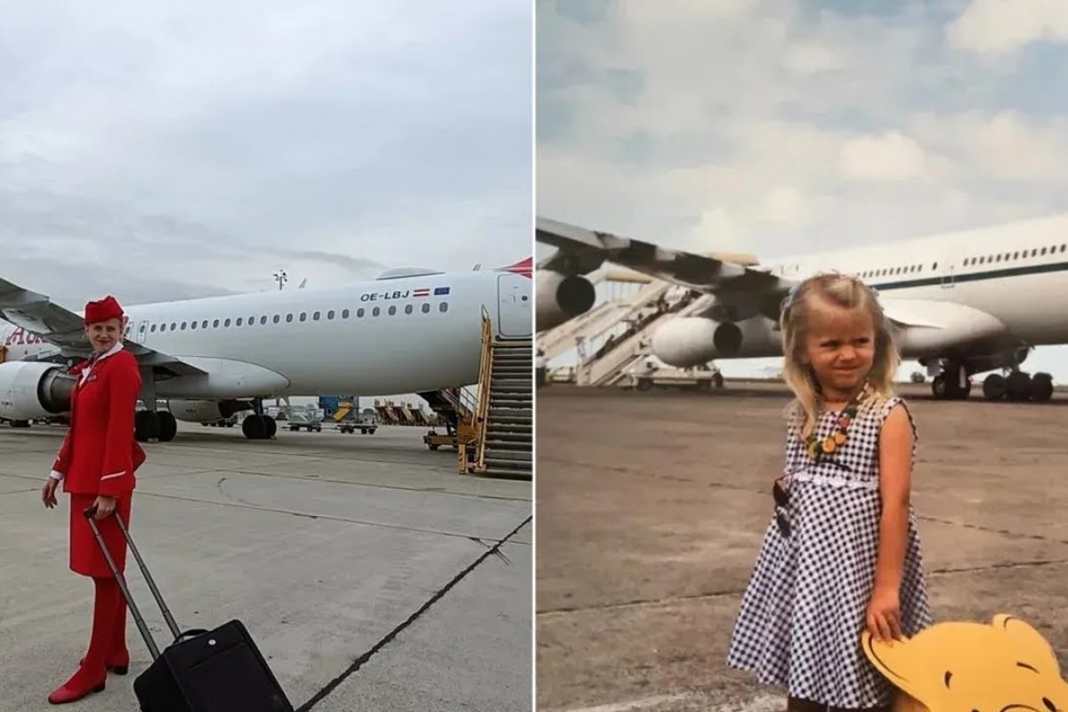 Criança apaixonada por voar tira foto ao lado de avião em 1999 e recria foto mais de 20 anos depois