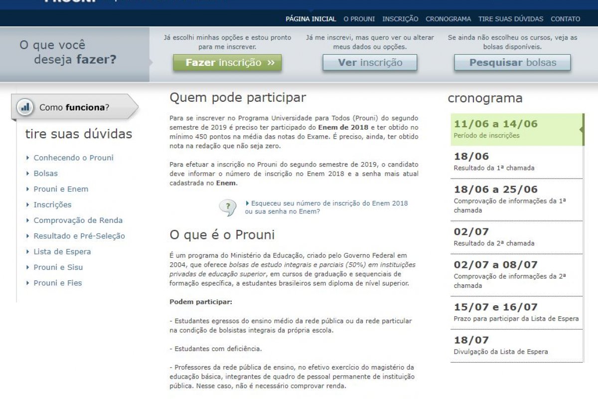 As inscrições para o ProUni começam hoje