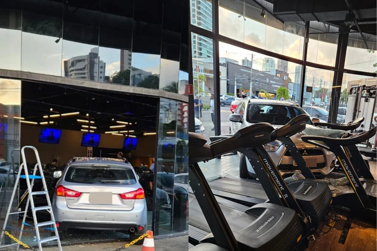 Vídeo: Carro invade academia, quebra vidraças e atinge esteiras em Salvador