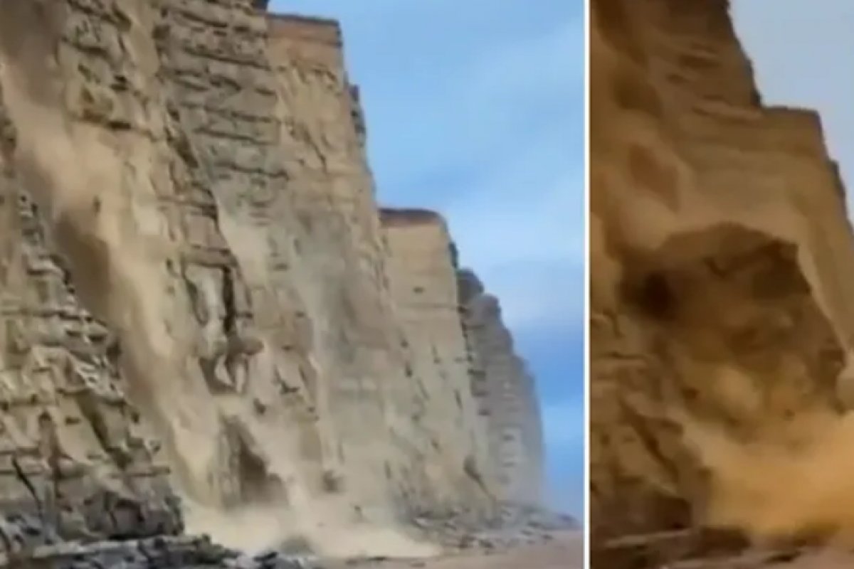 Falésia desmorona e quase atinge pessoas em praia da Inglaterra