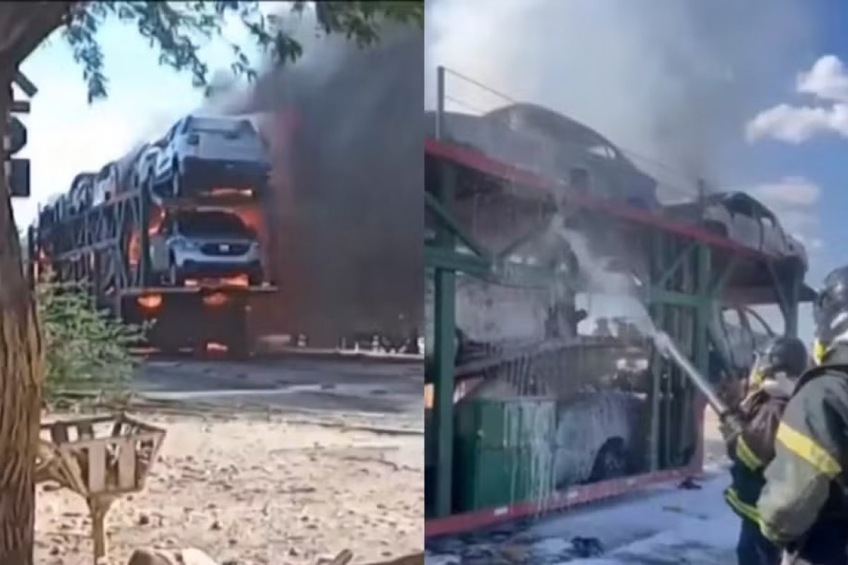 Caminhão-cegonha pega fogo enquanto fazia transporte de carros em rodovia no norte da Bahia