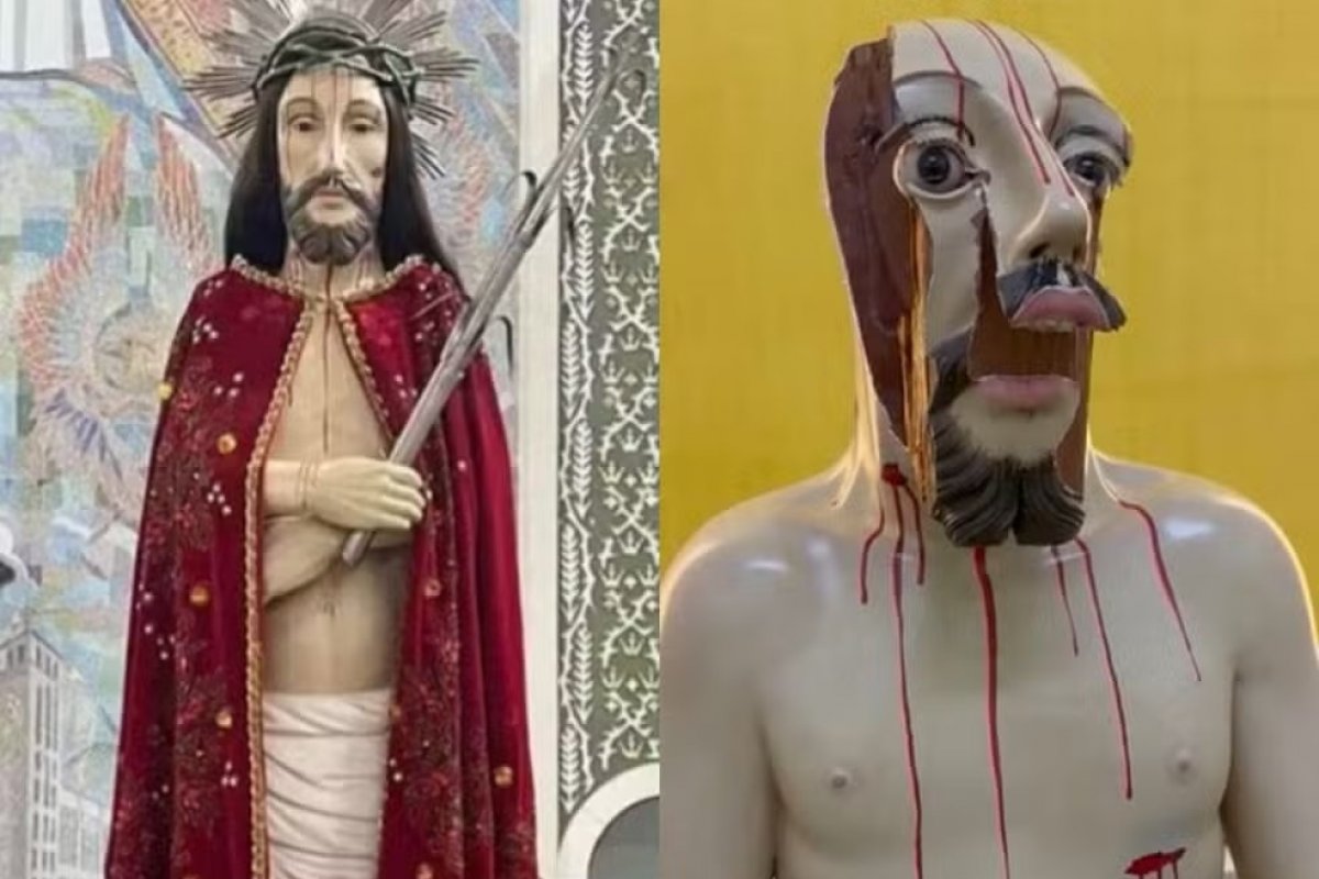 Vídeo: Imagem de padroeiro de Cuiabá avaliada em R$ 40 mil cai a caminho de procissão