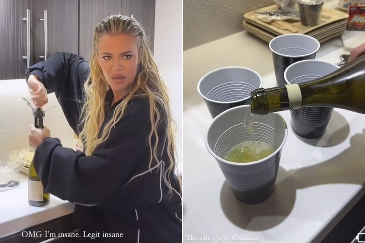 Gente como a gente! Khloé Kardashian toma vinho em copo de plástico com amigas