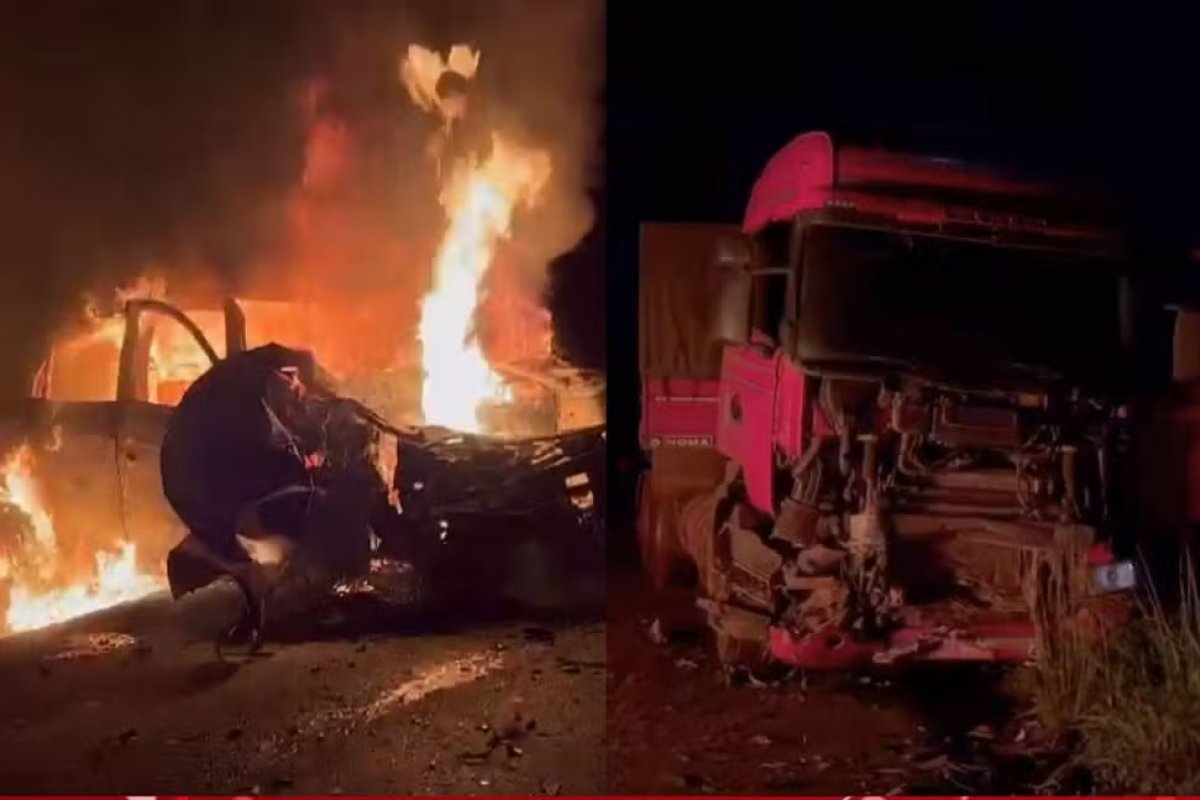Carro invade contramão e pega fogo após bater em carreta na BR-242