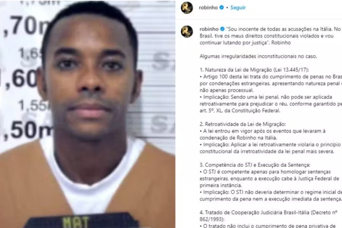Condenado, Robinho diz que teve direitos constitucionais violados