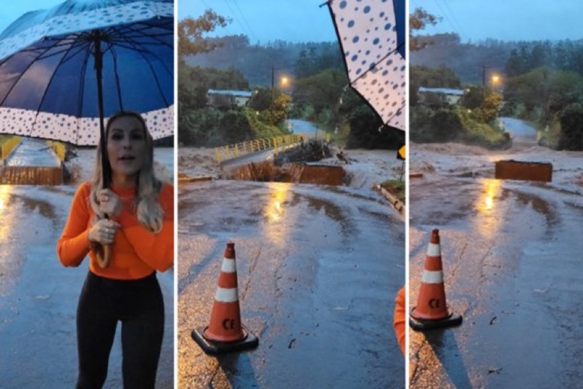 Vídeo: fluxo de água arrasta ponte enquanto gravação de prefeita acontece no RS