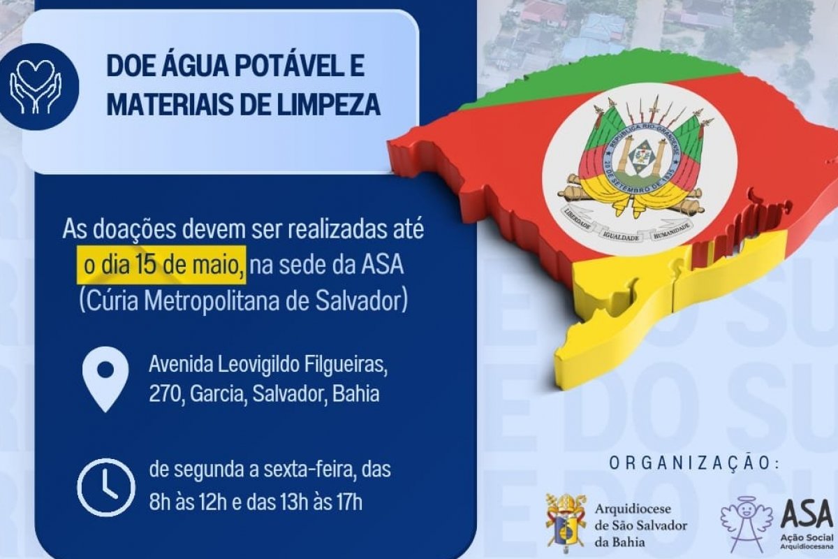 Arquidiocese de Salvador faz campanha para doação de água para o RS