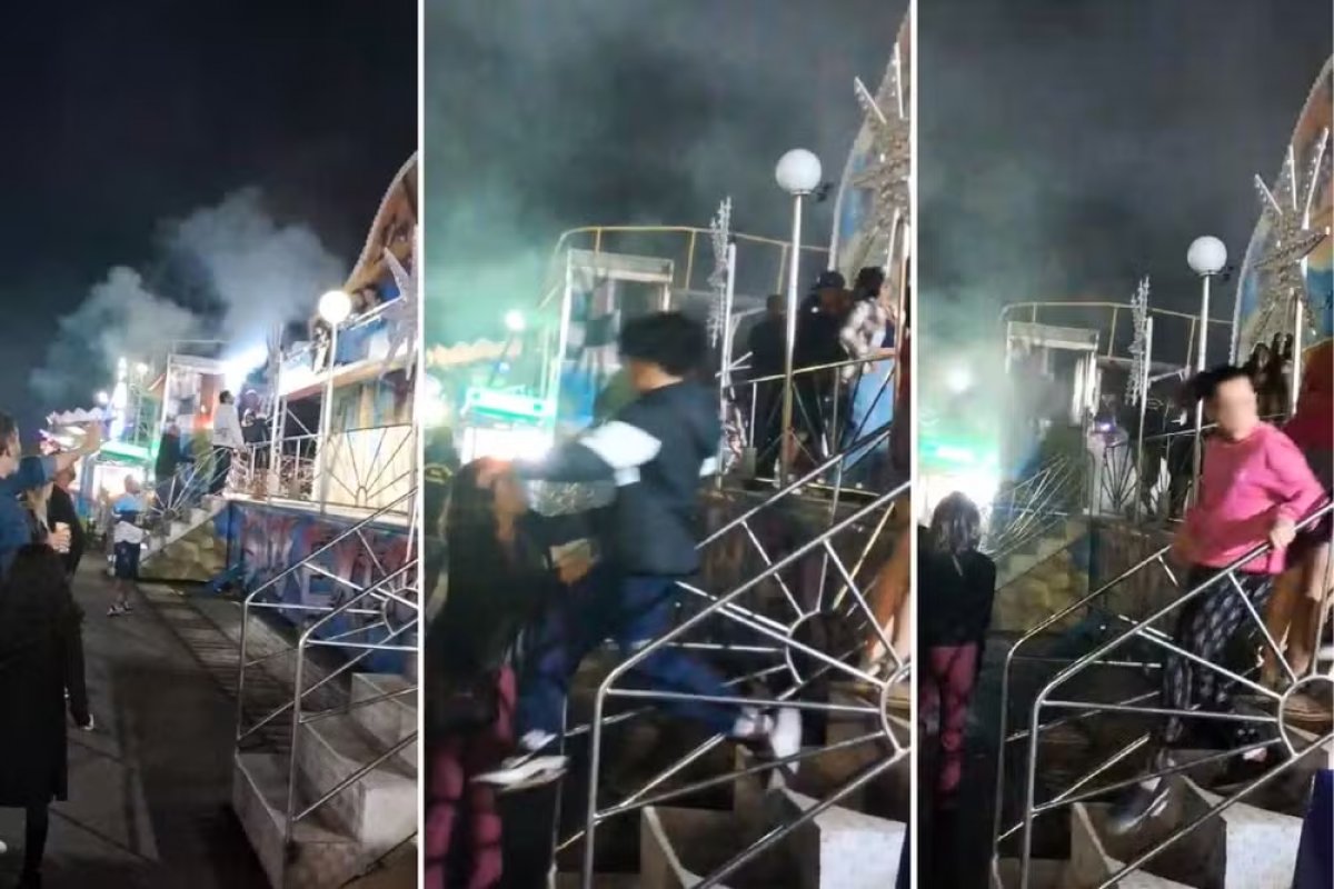 Vídeo: brinquedo pega fogo e causa pânico em parque de diversões em Praia Grande