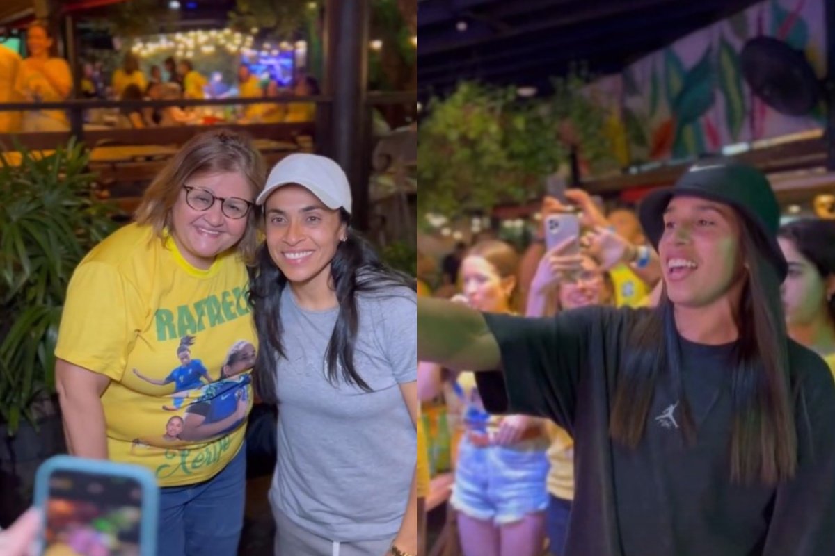 Jogadoras da seleção feminina celebram vitória em cima da Jamaica em restaurante de Salvador
