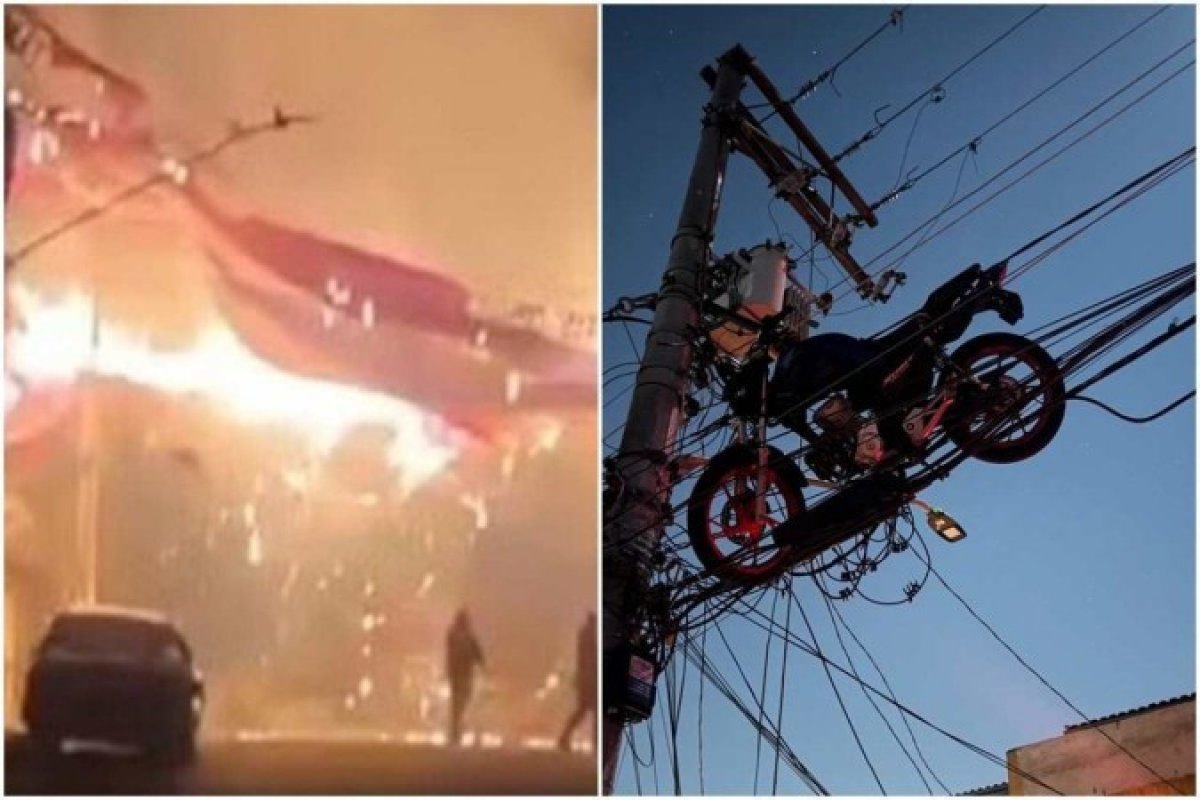 Balão arrasta moto até fios de poste, causa incêndio e queda de energia em SP