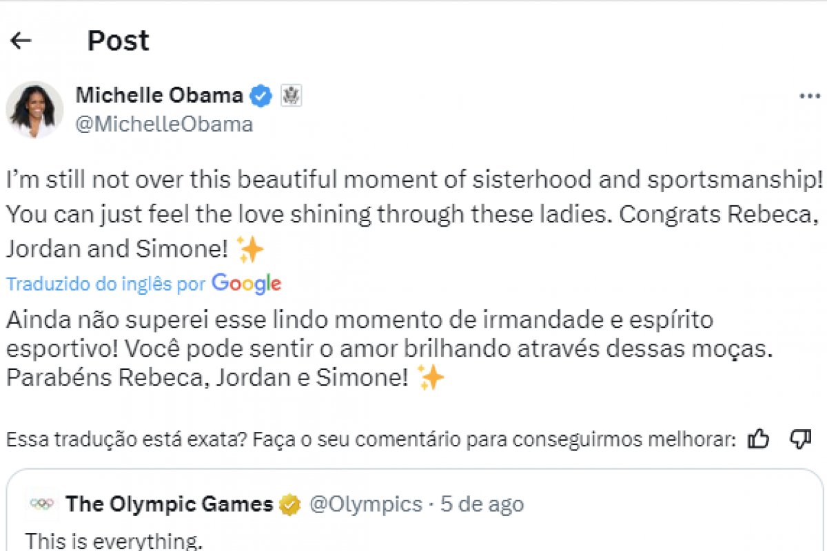 Michelle Obama parabeniza Rebeca e celebra foto icônica