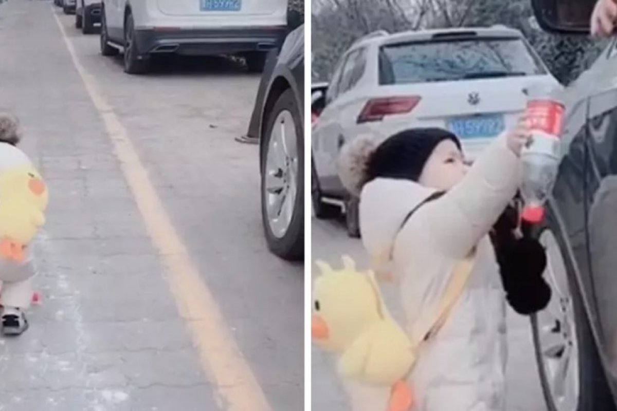 Criança de 15 meses viraliza na internet após recolher garrafa do chão e devolver a motorista