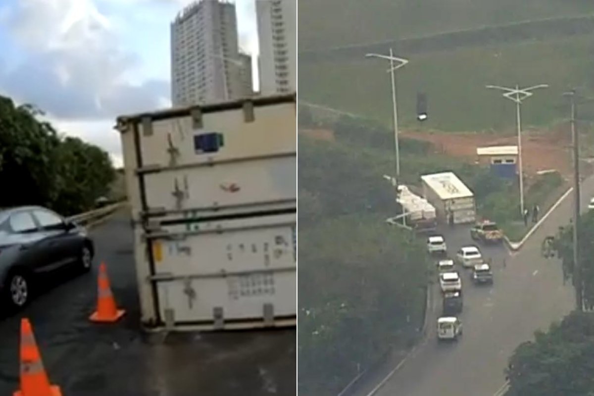 Contêiner cai de carreta no Cabula e interdita acesso à BR-324, em Salvador
