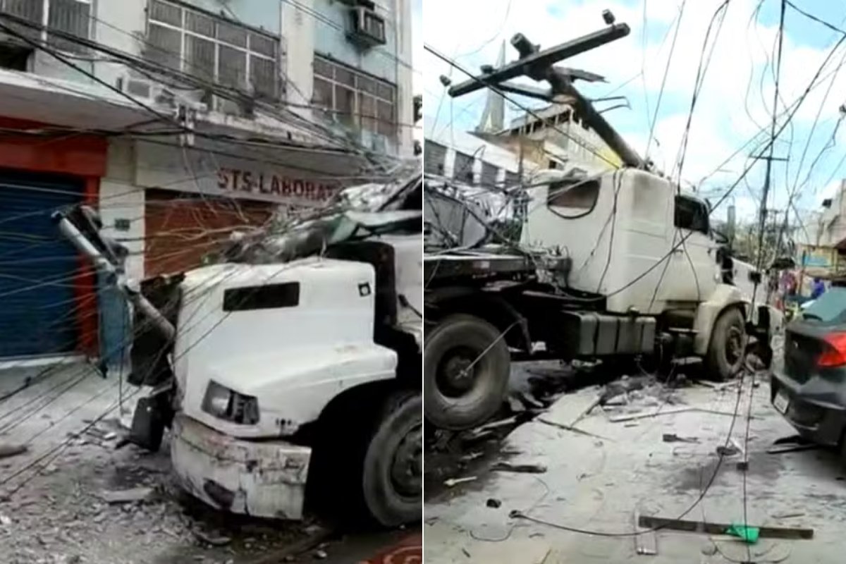 Caminhão derruba poste e atropela duas pessoas em Salvador; veículo pegou fogo