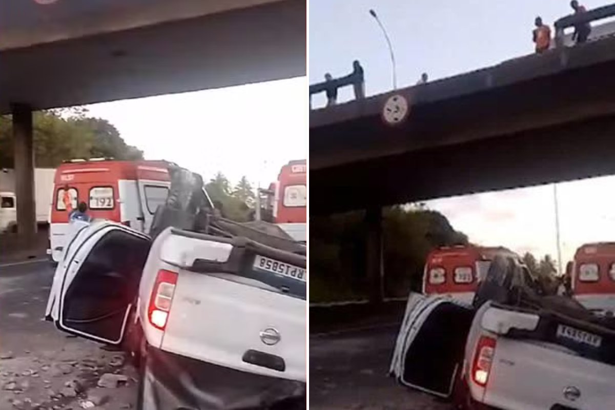 Caminhonete com marca do TJ-BA despenca de viaduto e cai na BR-324 em Salvador