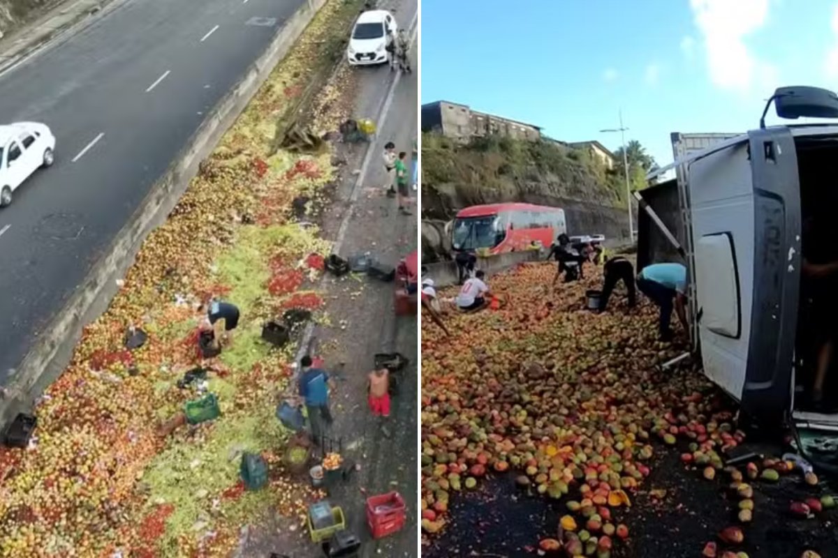 Caminhão com 14 toneladas de frutas tomba na BR-324 e bloqueia duas pistas sentido Feira de Santana-Salvador
