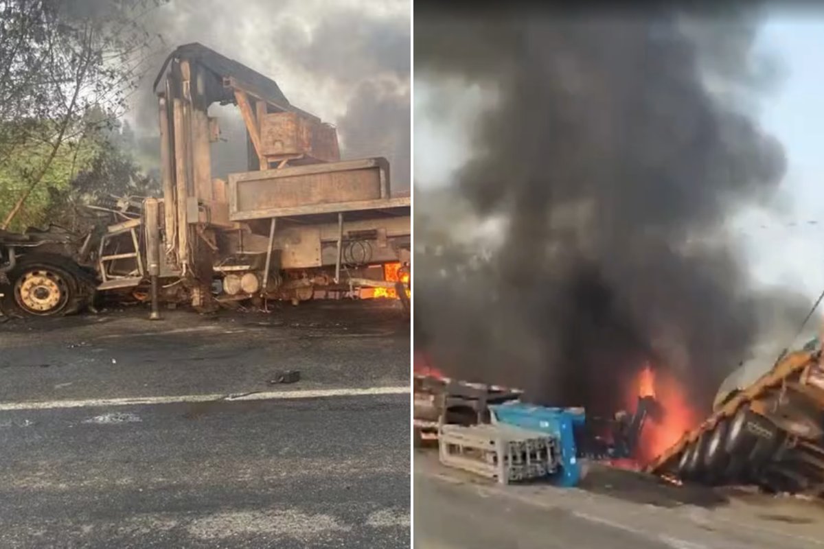Três pessoas morrem após acidente entre caminhões em rodovia na Bahia; veículos pegaram fogo