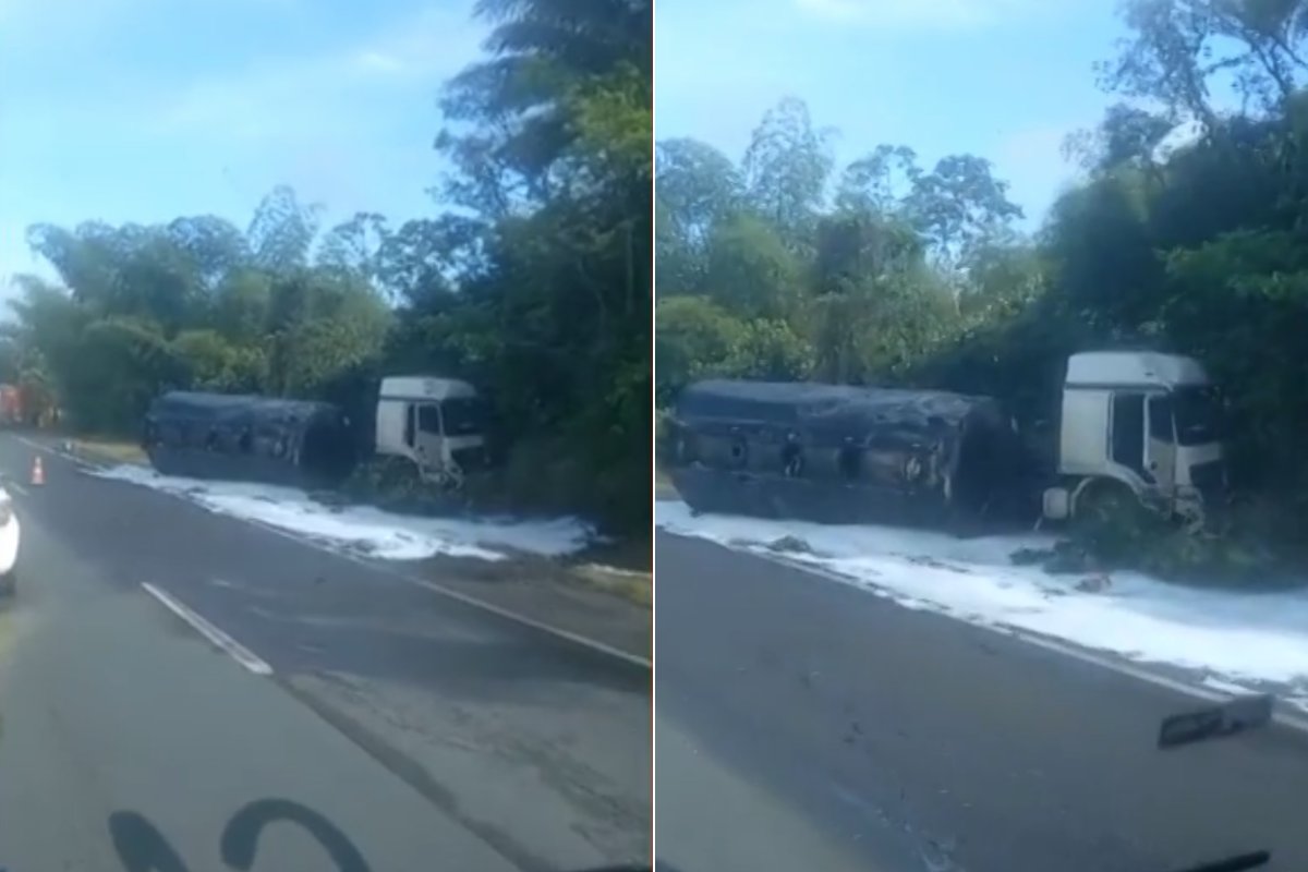 Caminhão-tanque carregado com combustível tomba na BR-324 e faixa da rodovia é interditada