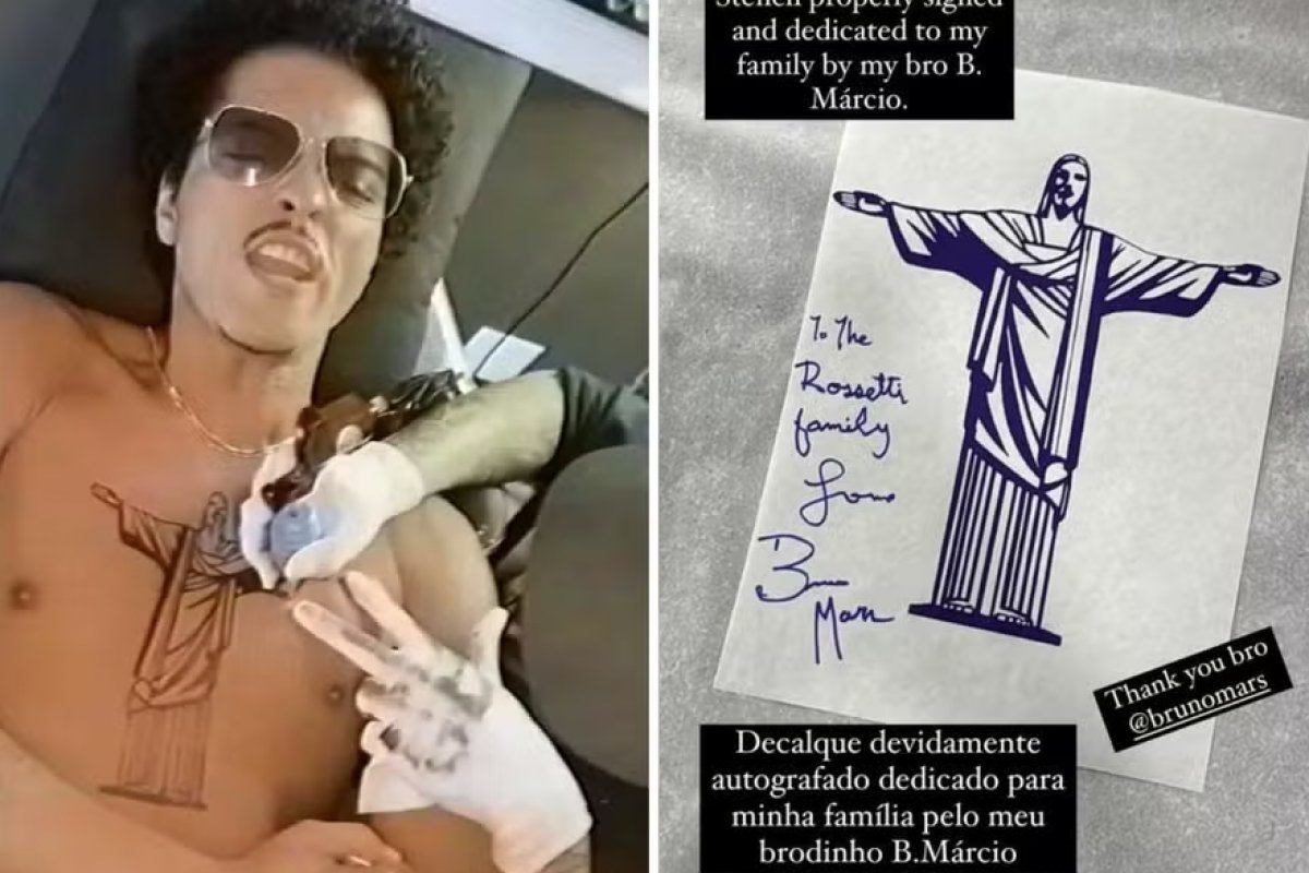 Bruno Mars faz tatuagem do Cristo Redentor em homenagem ao Brasil