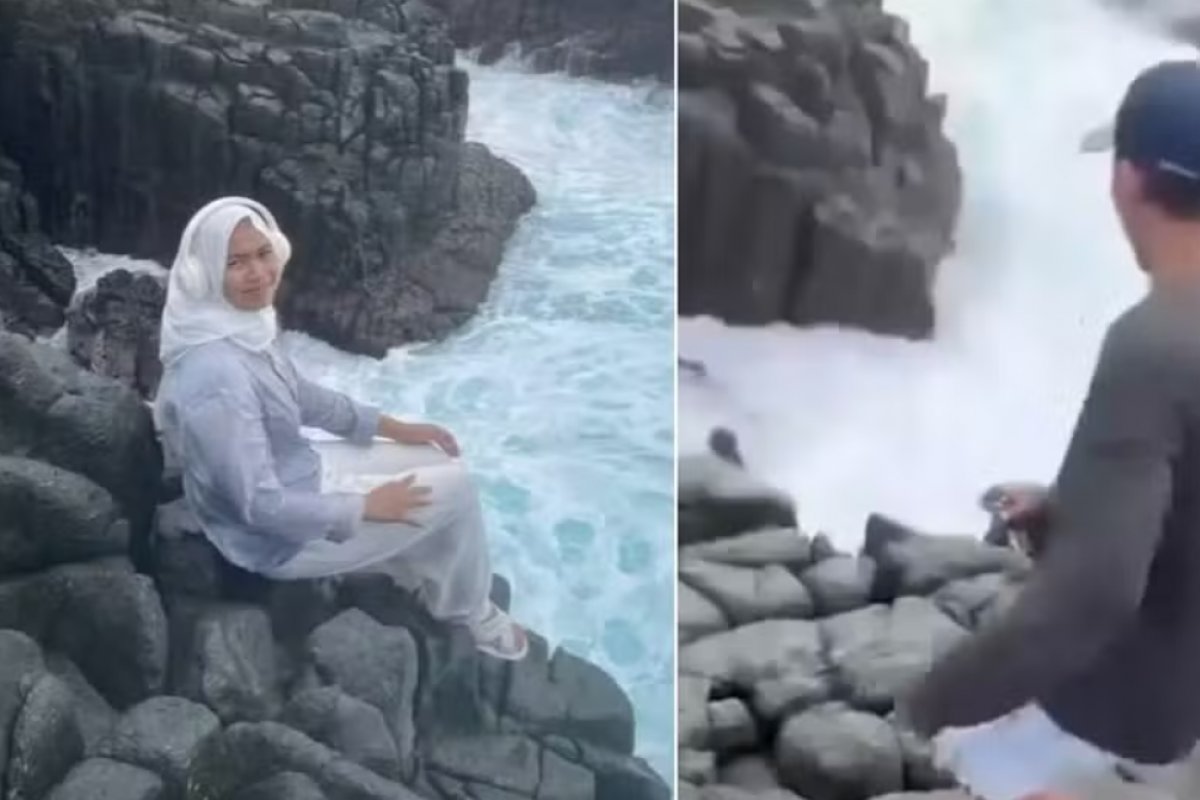 Jovem de 18 anos morre após ser atingida por onda ao posar para foto em pedra na Indonésia