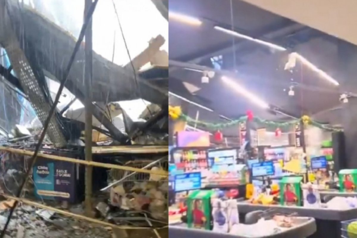 Após forte chuva com granizo, teto de supermercado cai em Barueri