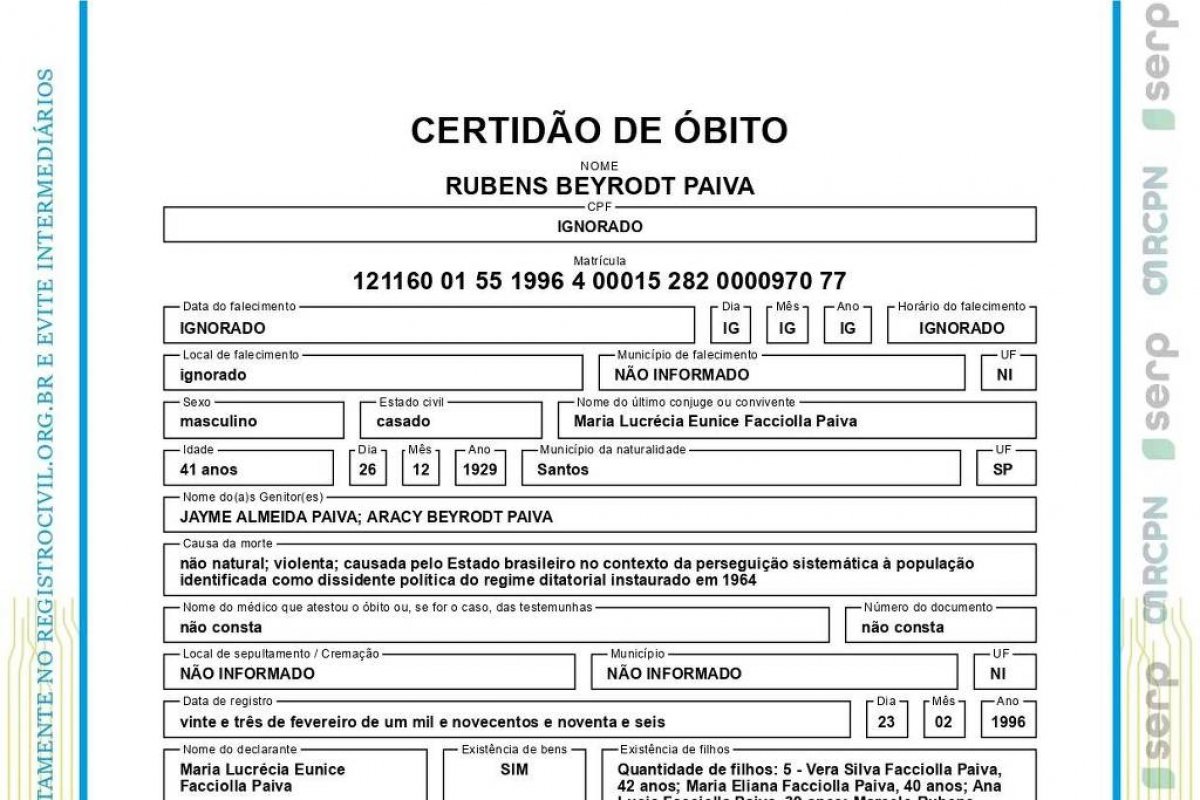 Certidão de óbito de Rubens Paiva é corrigida e indica 'morte causada pelo Estado Brasileiro'