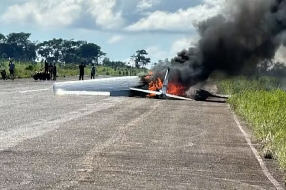 Vídeo: Aeronave de pequeno porte pega fogo após pouso forçado em MG