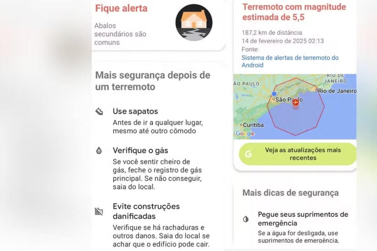 Google emite alerta de terremoto magnitude 5,5 no litoral de SP e assusta moradores; tremor não foi registrado