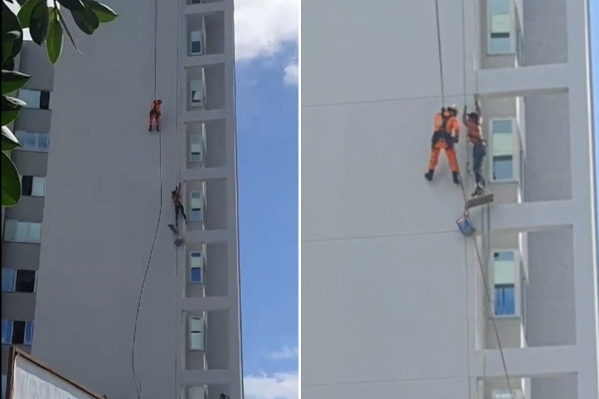 Vídeo: trabalhador é resgatado após cair do terraço de prédio e ficar pendurado a 12 metros de altura em MG