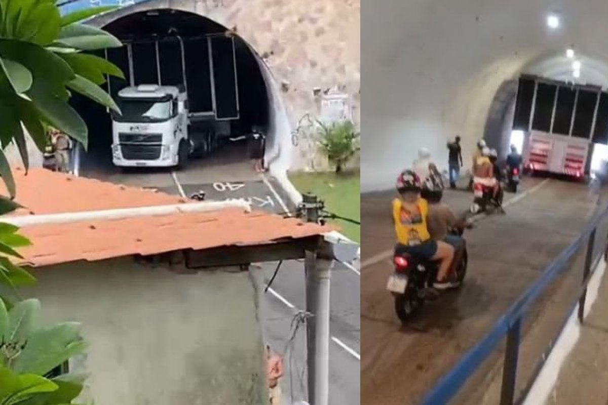 Vídeo: Trio elétrico fica preso em túnel que dá acesso a circuito do Carnaval