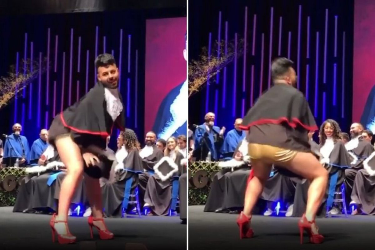 Formando bomba na web ao rebolar bumbum na entrega do diploma