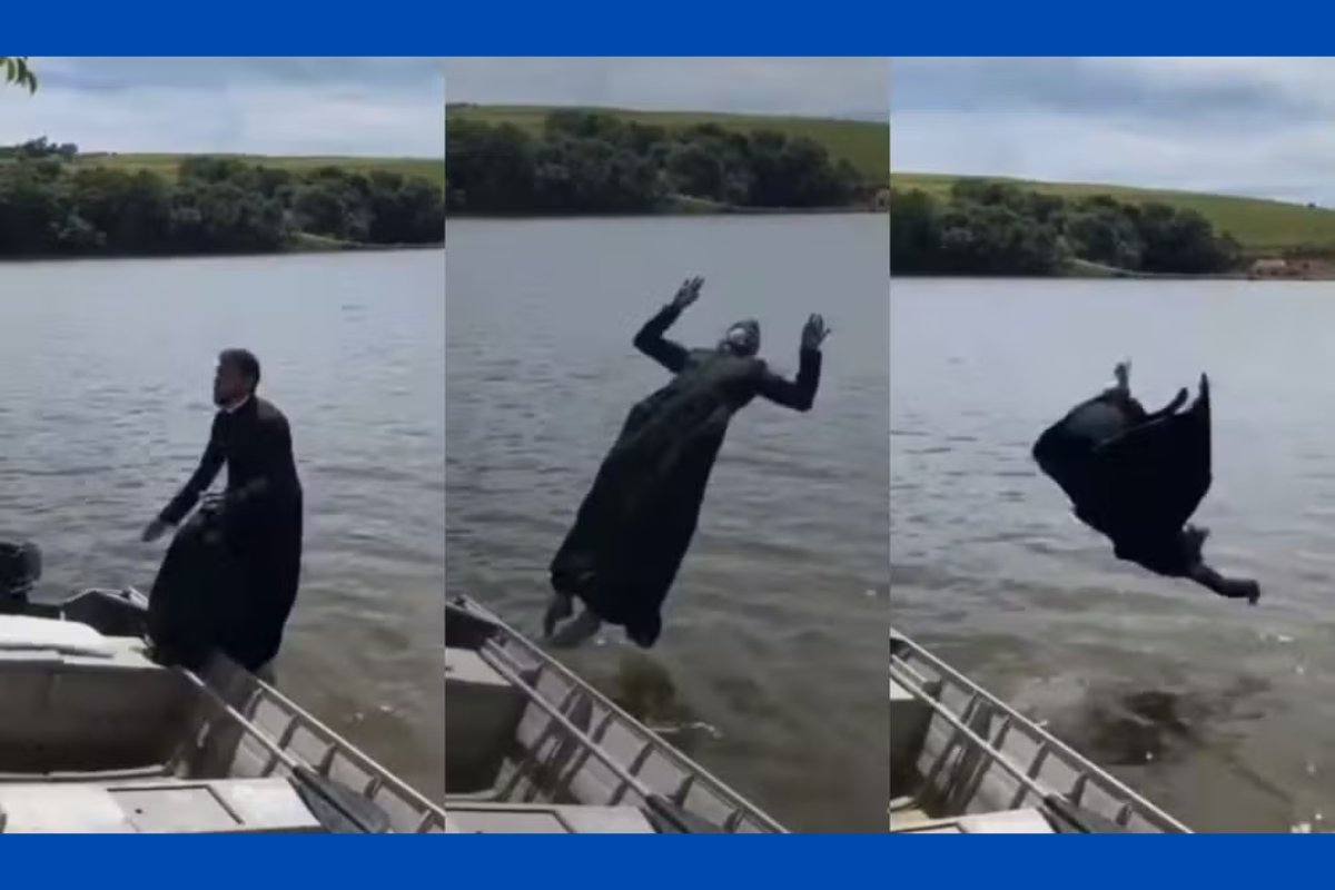 Vídeo: padre viraliza nas redes sociais ao aparecer dando mortal em lago utilizando batina