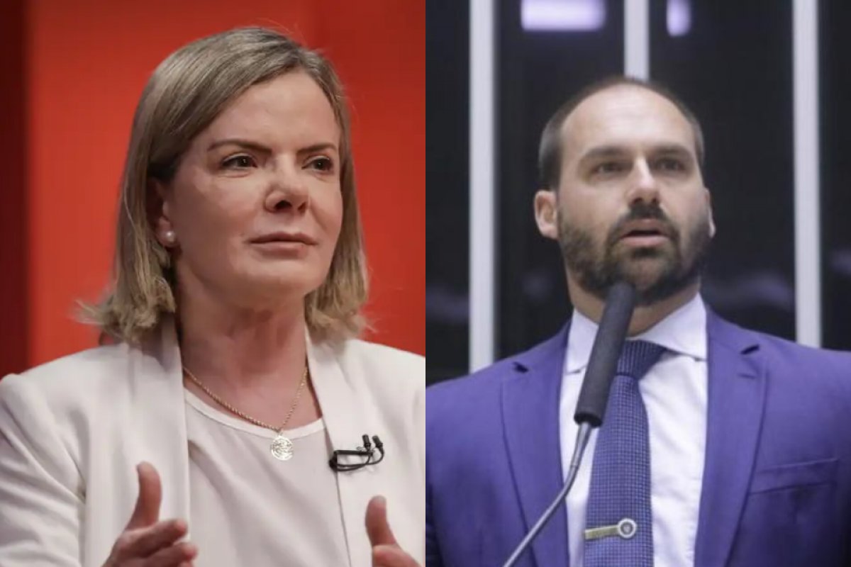 Gleisi chama Eduardo Bolsonaro de 'medroso' e diz que ele mente 'sobre o Brasil lá fora'