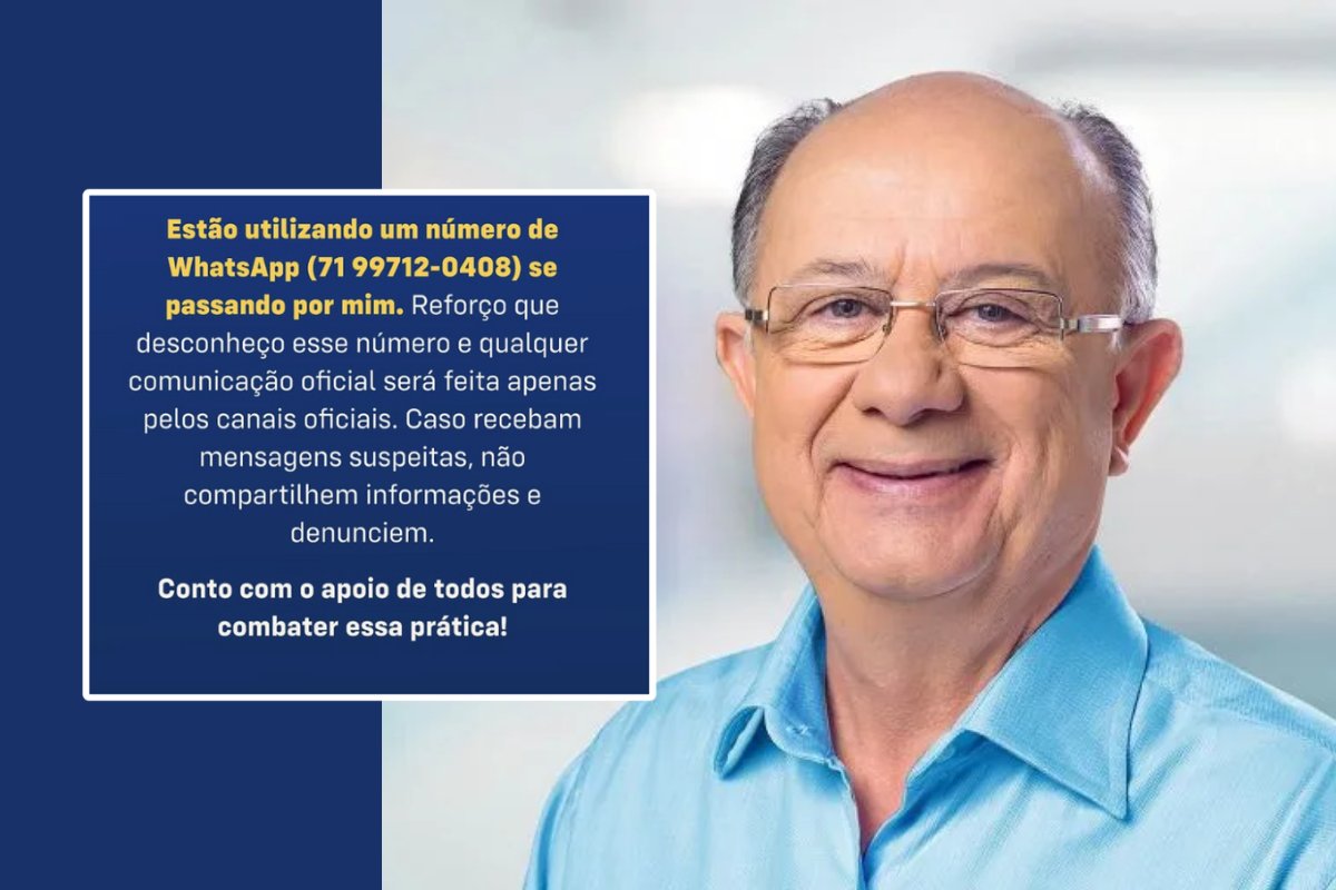 Golpistas se passam por prefeito de Feira de Santana para pedir dinheiro e gestor alerta população sobre o golpe