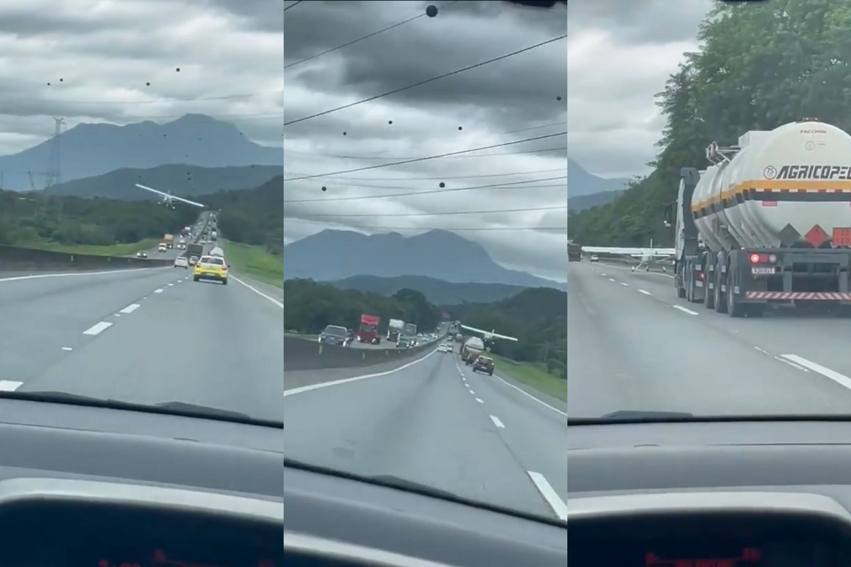 Vídeo: avião agrícola faz pouso de emergência entre carros e caminhões em Santa Catarina