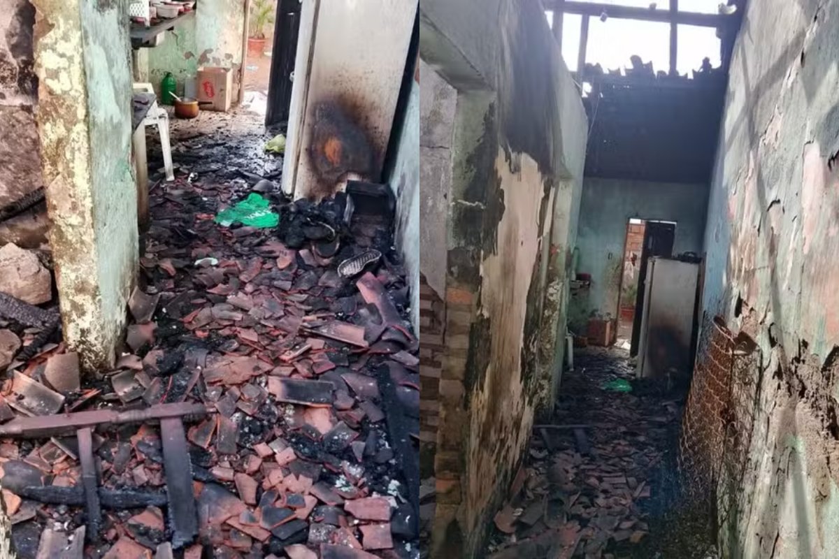Homem atea fogo na própria casa com esposa e filhos dentro em Feira de Santa; imóvel fica destruído 