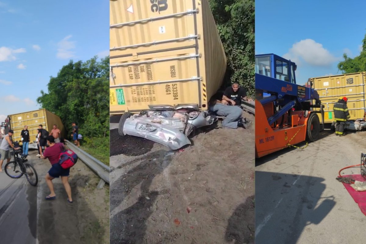 Carreta com contêiner esmaga carro e mata três pessoas no litoral de São Paulo