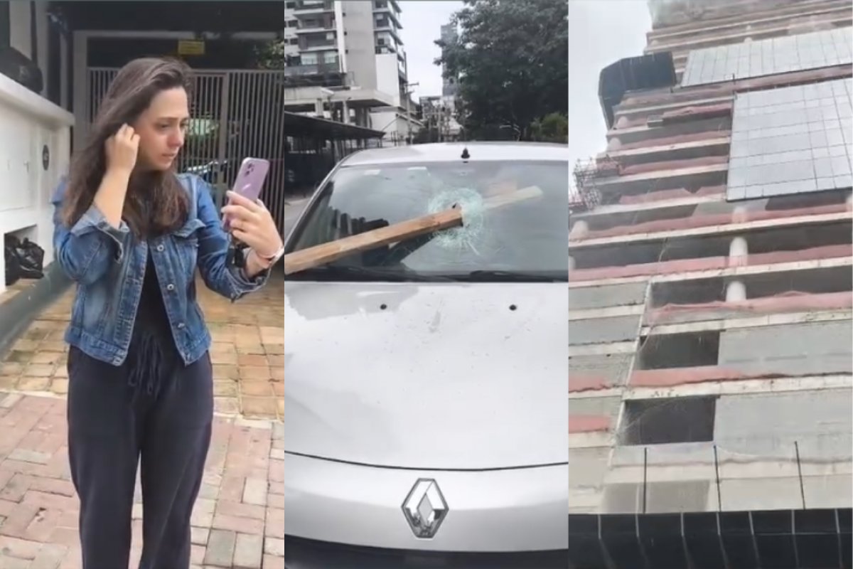 Vídeo: madeira despenca de edifício e atinge parabrisa de veículo em São Paulo